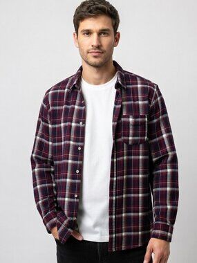 NWT Joe's Jeans Wine & Black Plaid Single Pocket Relaxed Button Down Shirt XL